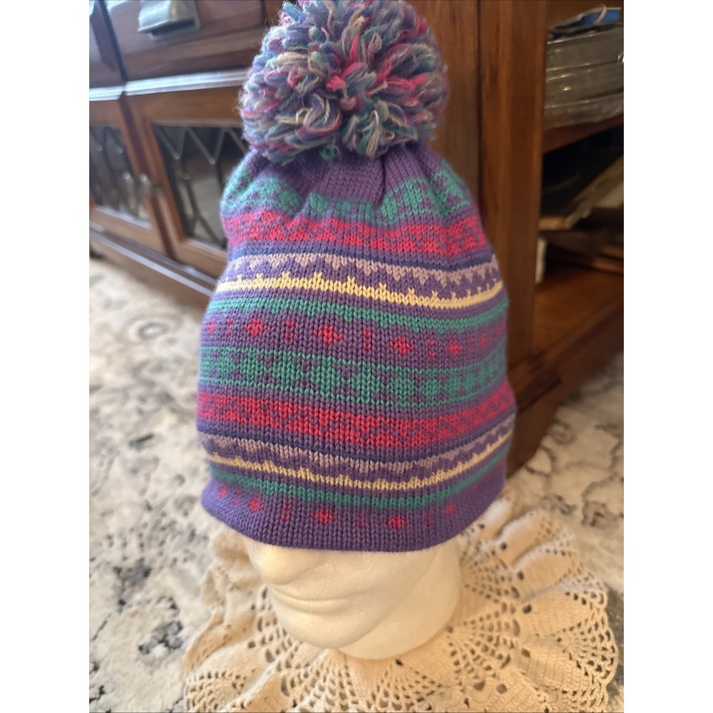 VTG Meister Winter Hat 100% Wool Pom Pom Beanie Lavender Cream Blue Yellow Pink